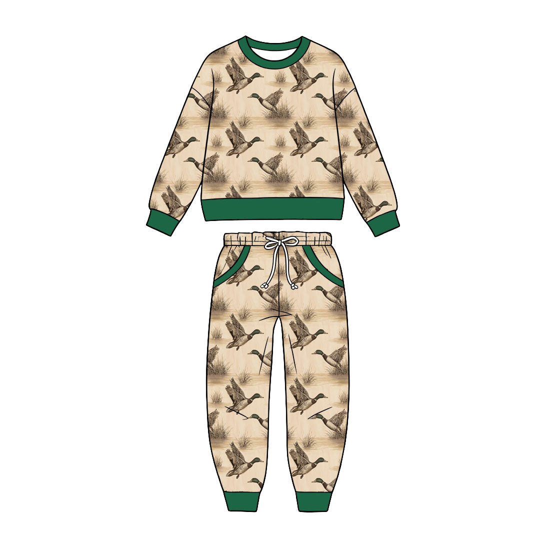 Preorder (moq 5) Baby Boy Duck Hunting Reed Print Long Sleeve Sweatshirt Jogger Pant Set