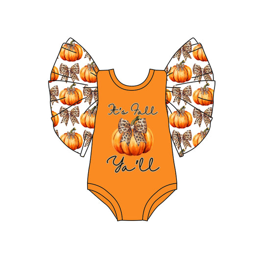 Preorder (moq 5)Baby Girls Bell Sleeve Leopard Bow Pumpkins Fall Ruffle Rompers
