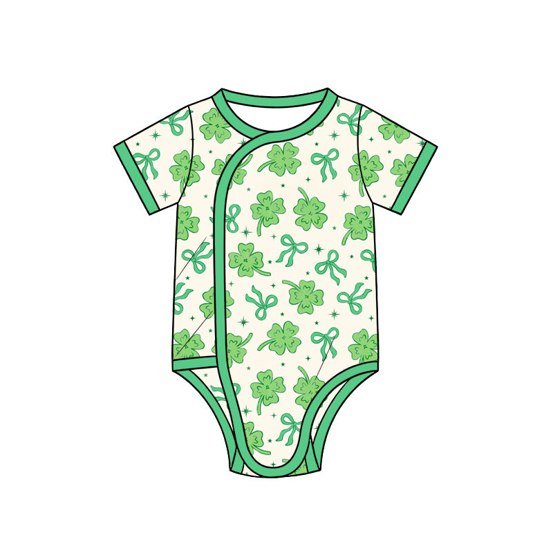 Preorder (moq 5) Baby Girl Clothes St Patricks Clover Bow Star Mixed Print Short Sleeve Side Snap Romper