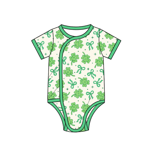 Preorder (moq 5) Baby Girl Clothes St Patricks Clover Bow Star Mixed Print Short Sleeve Side Snap Romper