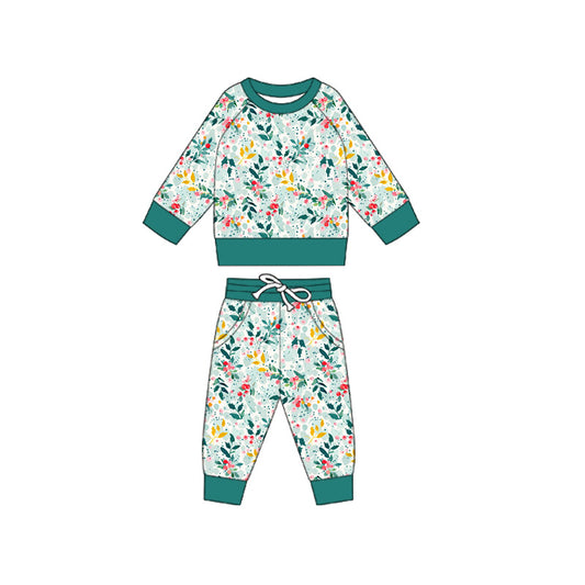Preorder (moq 5)Baby Boys Long Sleeves Green Floral Top Pockets Pant Pajamas Set