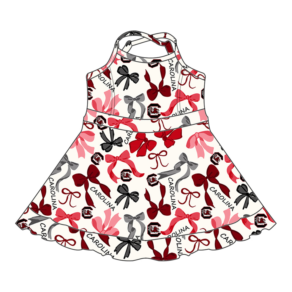 Preorder (moq 5)Baby Girls Strap Red Bows Plaid Carolina Shorts Ruffle Team Knee Length Dresses