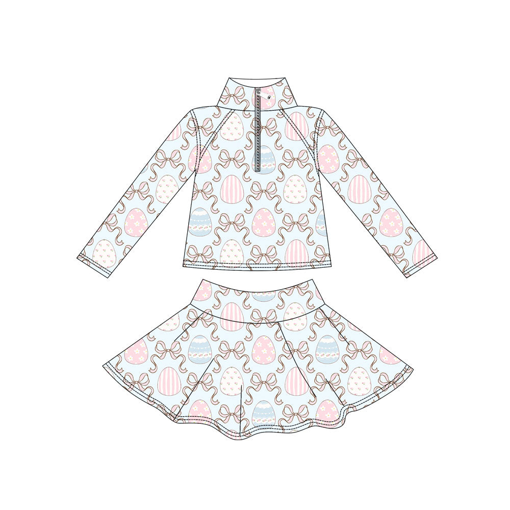 Preorder moq 5Baby Girls’ Light Blue Floral Bow Zip Pullover Top & Skirt Set, Mardi Gras Yoga Activewear Outfit
