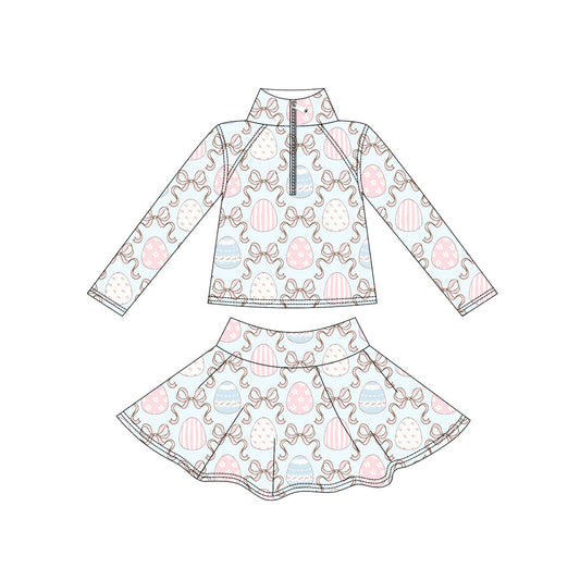 Preorder moq 5Baby Girls’ Light Blue Floral Bow Zip Pullover Top & Skirt Set, Mardi Gras Yoga Activewear Outfit