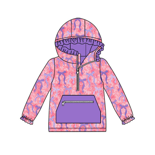 Preorder (moq 5)Baby Girls Colorful Bows Flowers Zip Pocket Ruffle Hoodies Top