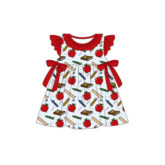 Preorder (moq 5)Baby Girls Flutter Sleeve Apples Books Back to School Collar Knee Length Dresses