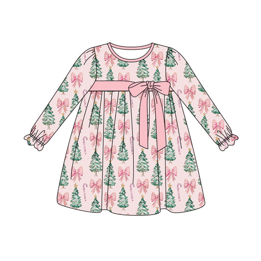 Preorder (moq 5)Baby Girls Pink Long Ruffle Sleeves Trees Bows Plaid Knee Length Dresses
