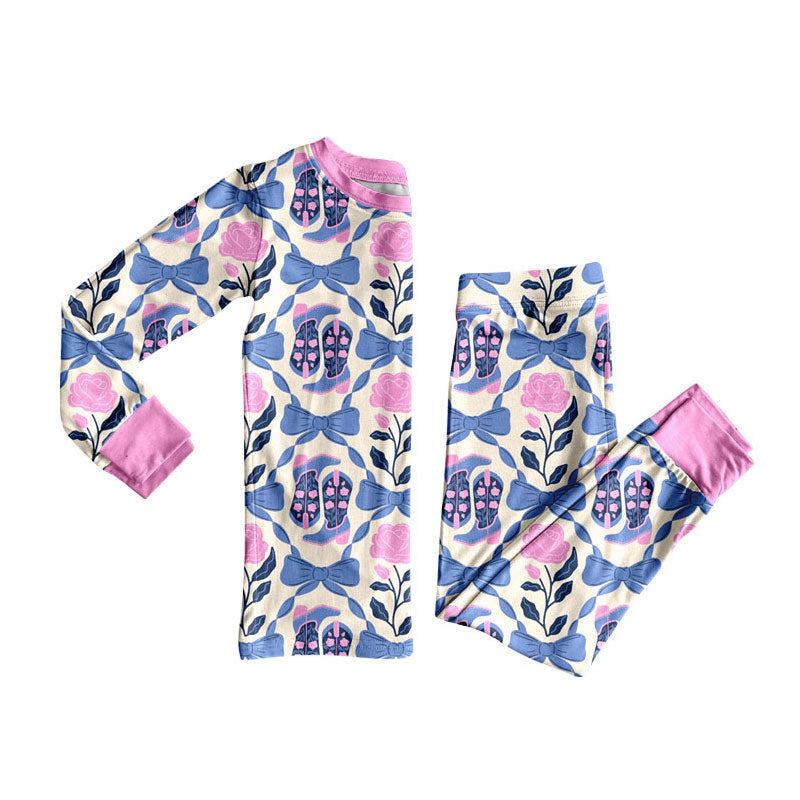 Preorder (moq 5)Baby Girls Pink Blue Bows Flowers Boots Top Pants Pajamas Sets