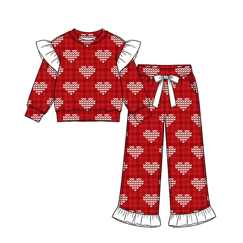 Preorder (moq 5)Baby Girls Red Checked Hearts Top Pockets Ruffle Pant Valentines Clothes Set