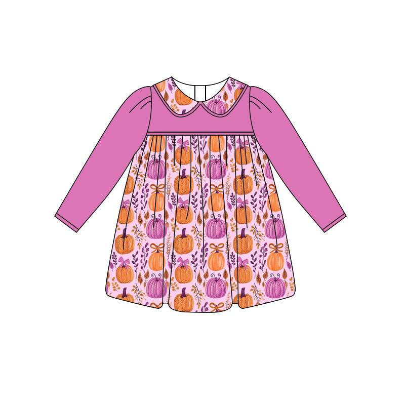 Preorder (moq 5)Baby Girls Hot Pink Long Sleeves Floral Pumpkins Knee Length Dresses