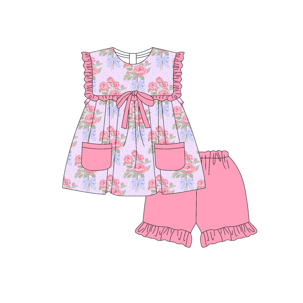 Preorder (moq 5)Baby Girls Sleeveless Pink Flowers Pockets Tunic Ruffle Short Clothes Sets