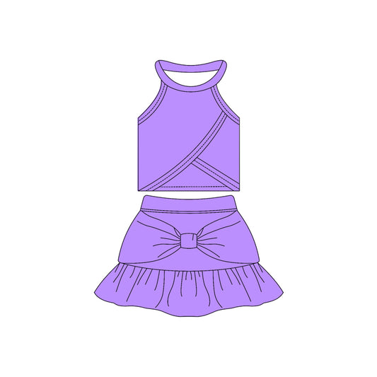 Preorder moq 10 Baby Girls Purple Sleeveless Vest Top Bow Ruffle Short Skirts Activity Wear Yoga Set
