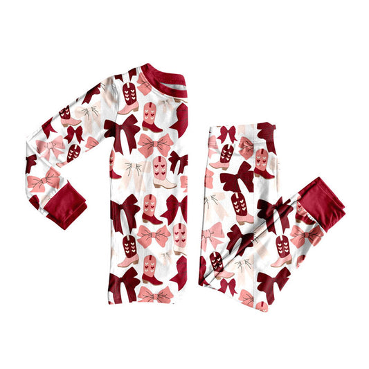 Preorder (moq 5)Baby Girls Red Pink Bows Boots Top Pants Valentine Pajamas Sets