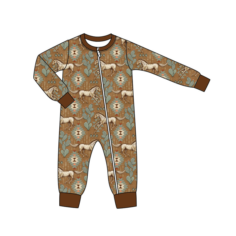 Preorder moq 5 Baby Infant Boys Long Sleeves Brown Horses Aztec Plaid Zipper Rompers