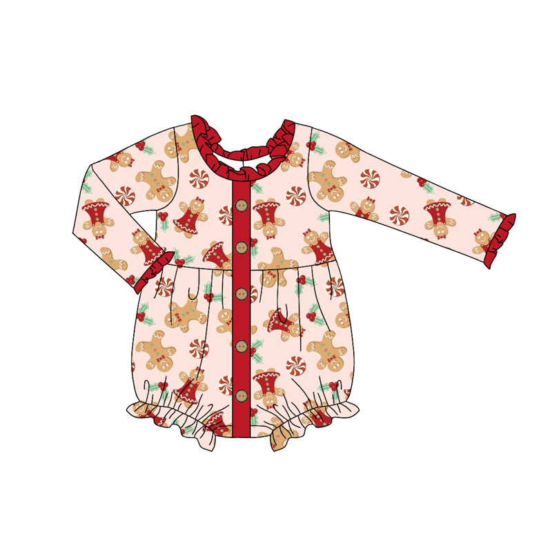 Preorder (moq 5)Baby Girls Red Long Sleeves Gingerbread Button Ruffle Rompers