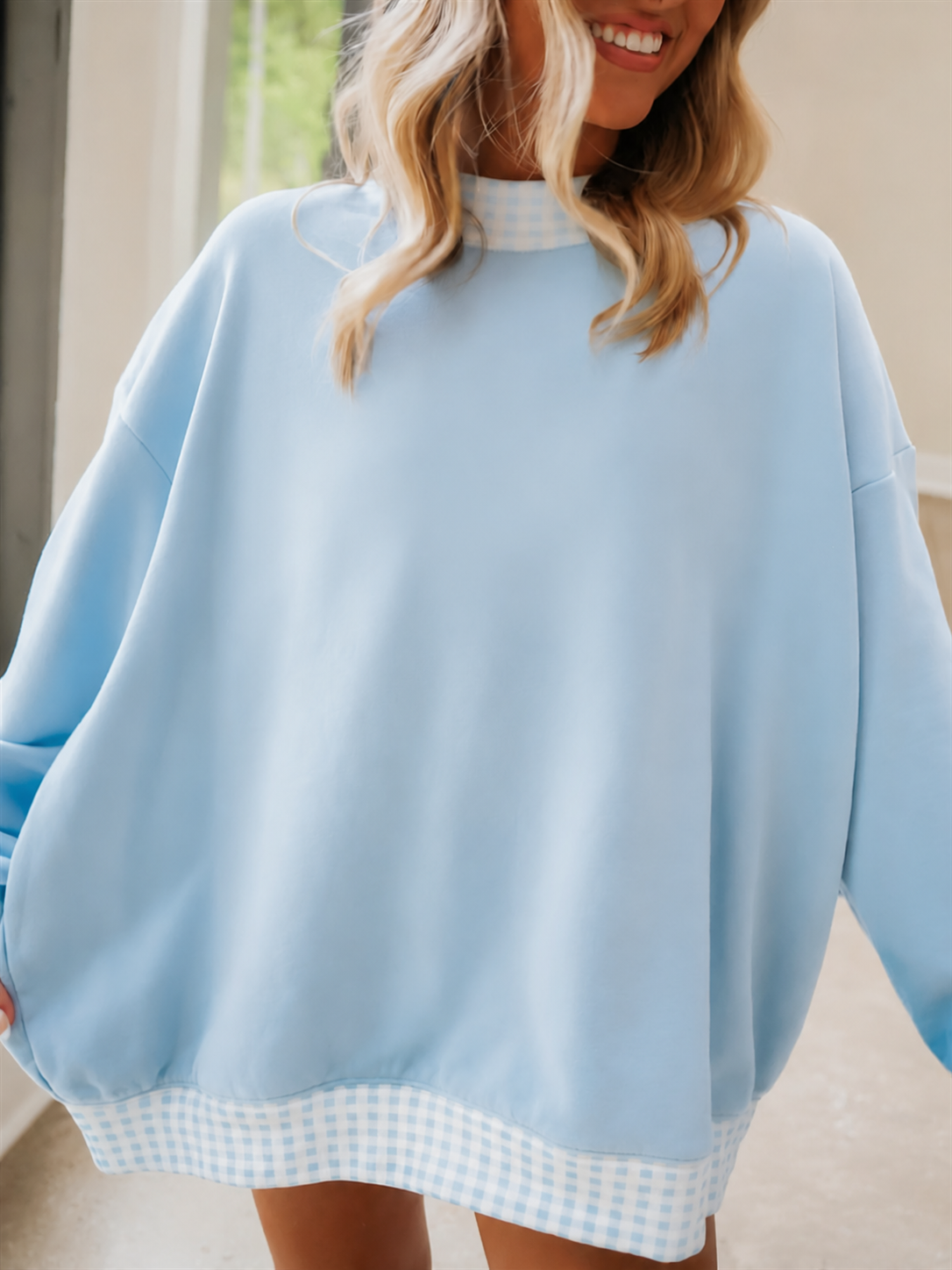 Adult Women Blue Sweater Gingham Tee Shirts Tops Preorder