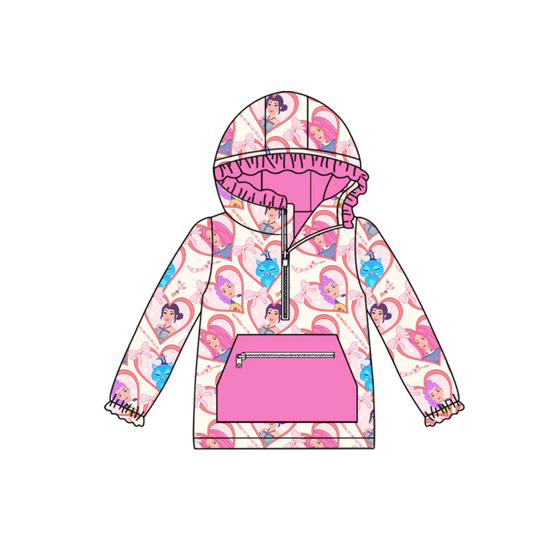 Preorder (moq 5)Baby Girls Pink Hearts Demon Hunter Zipper Pocket Ruffle Hoodies Top