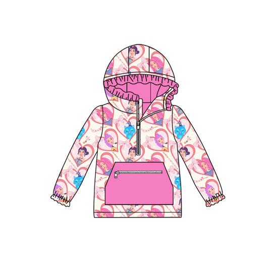 Preorder (moq 5)Baby Girls Pink Hearts Demon Hunter Zipper Pocket Ruffle Hoodies Top