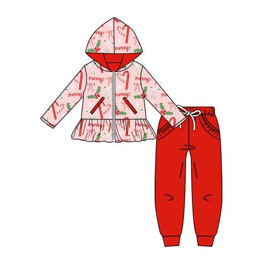 Preorder (moq 5)Baby Girls Candy Cane Zip Pockets Hoodie Jogger Christmas Clothes Set