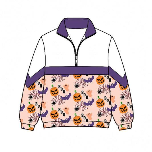 Preorder (moq 5)Baby Girls Pumpkins Bats Boo Halloween Zip Pullovers Top