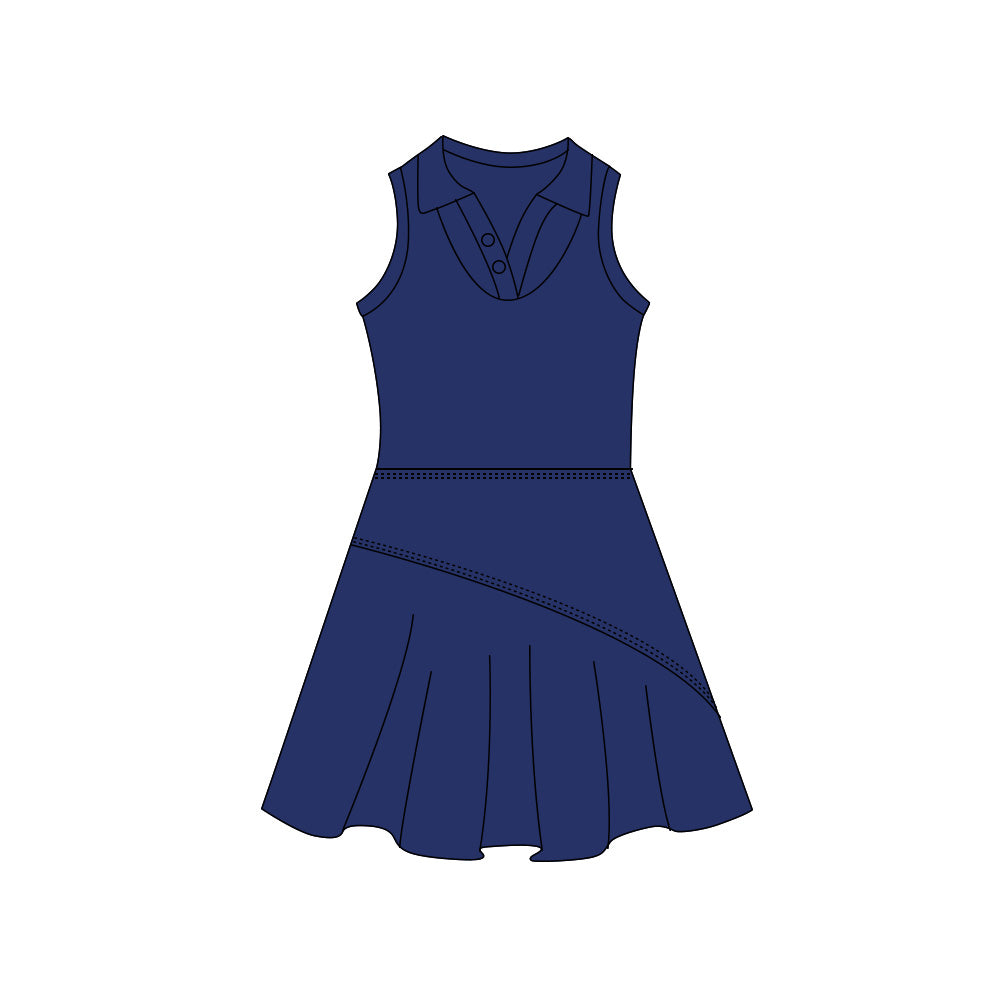 Preorder (moq 5)Baby Girls Navy Sleeveless Button Top Pleated Knee Length Dresses