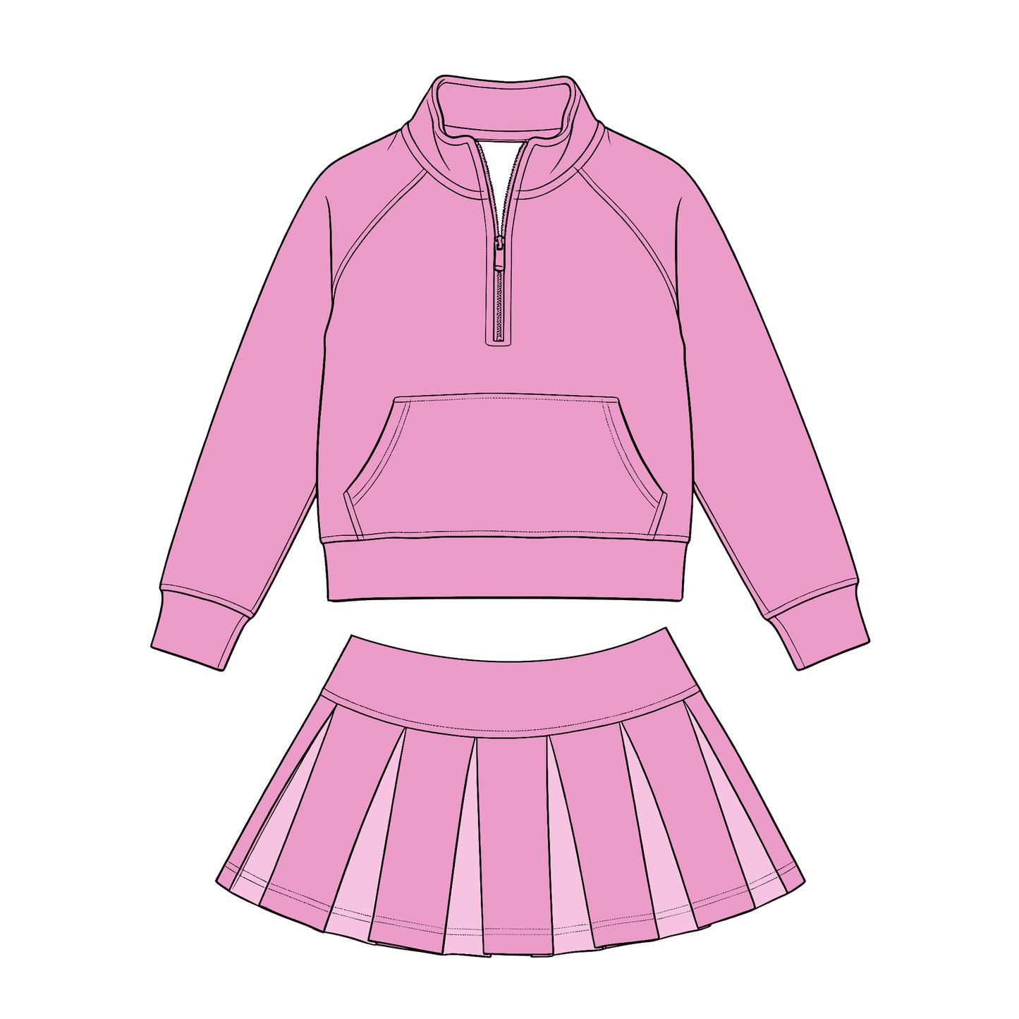 Preorder (moq 5) Baby Girls Pink Zip Pockets Pullovers Pleated Skirt Short Clothes Sets