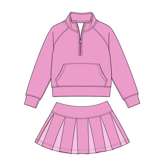 Preorder (moq 5) Baby Girls Pink Zip Pockets Pullovers Pleated Skirt Short Clothes Sets