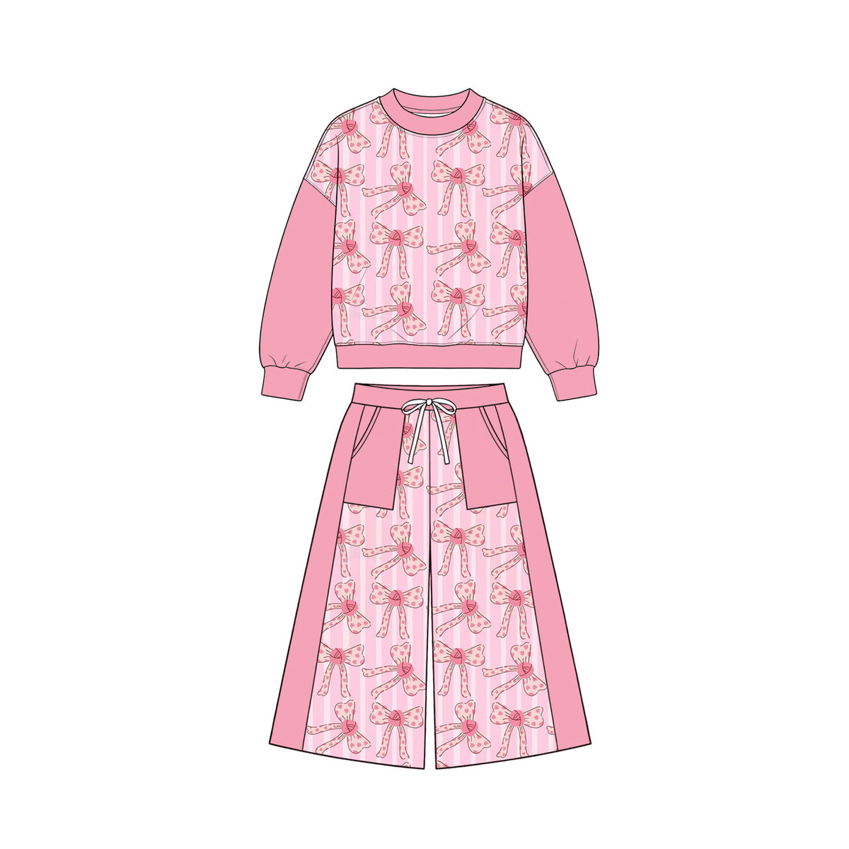 Pre-order(moq5)Girls’ Fall Pink Heart Print Crew Neck Long Sleeve Bow Top & Wide-Leg Pants Set | Sisters’ Matching Outfits