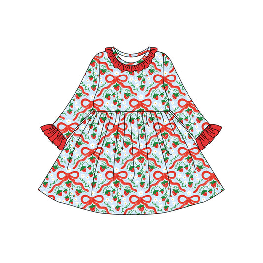 Preorder (moq 5)Baby Girls Red Bows Strawberry Plaid Ruffle Knee Length Dresses