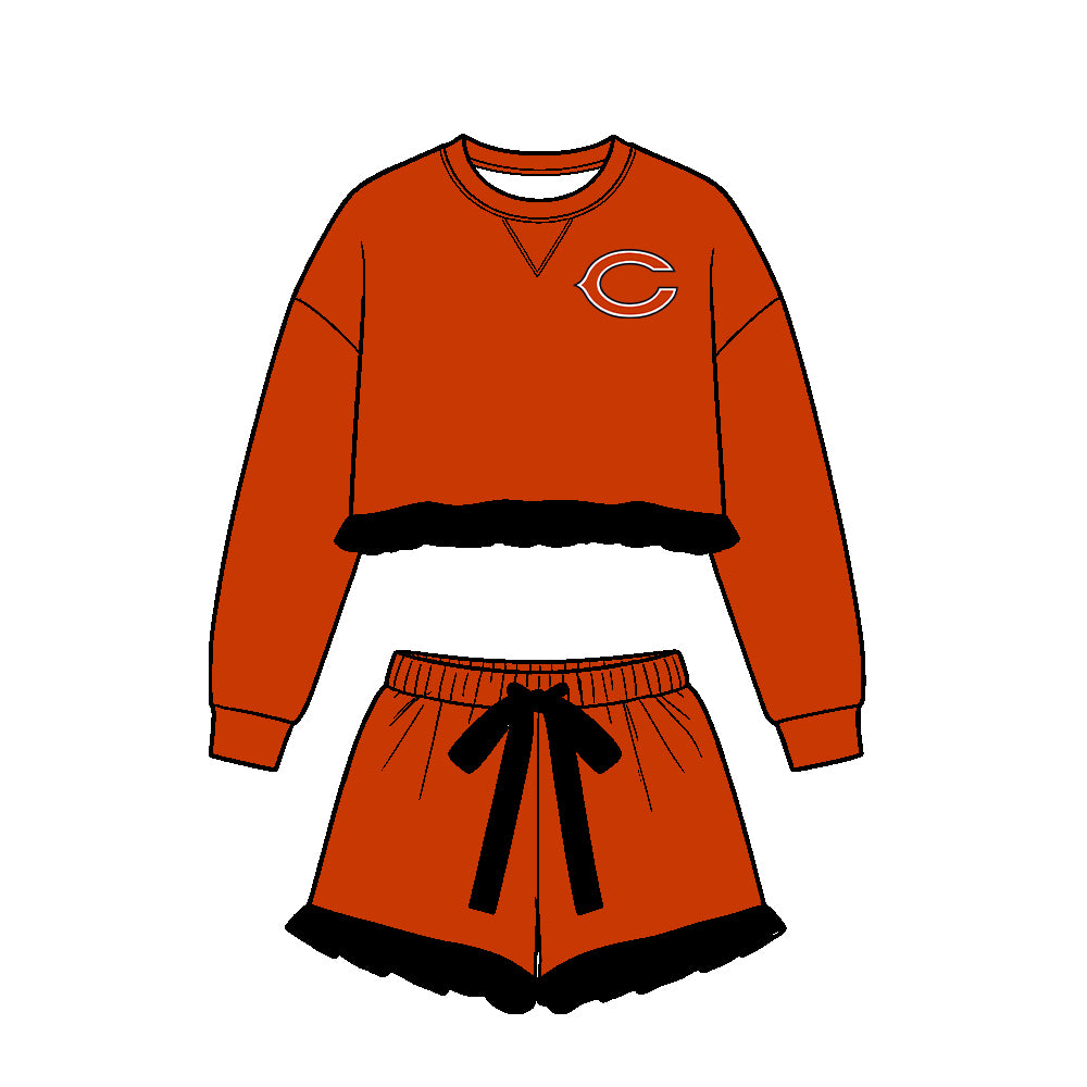 Preorder (moq 5)Baby Girls Orange Long Sleeve Bears Top Ruffle Short Team Clothes Set