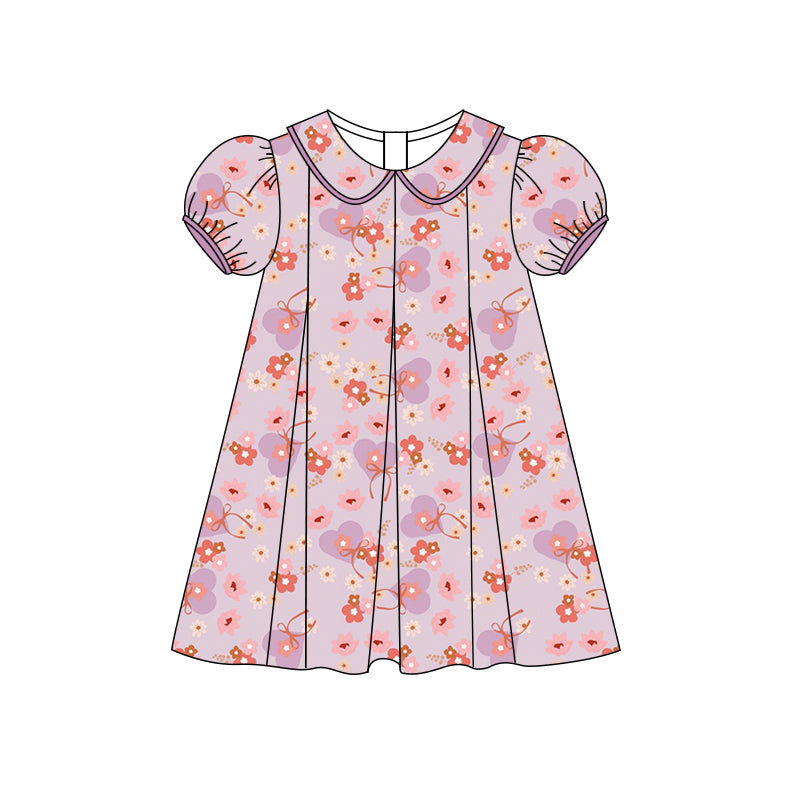 Preorder (moq 5)Baby Girls Lavender Short Ruffle Sleeves Heart Flowers Knee Length Dress