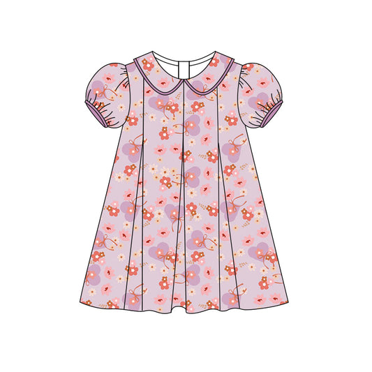 Preorder (moq 5)Baby Girls Lavender Short Ruffle Sleeves Heart Flowers Knee Length Dress