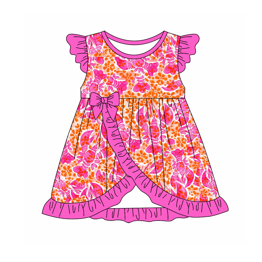 Preorder (moq 5)Baby Girls Crawfish Bows Pink Ruffles Knee Length Dresses