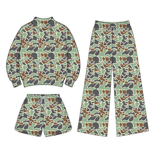 Preorder (moq 5) Baby Girls Camo Shirt Shorts Flare Pants Three Pieces Clothes Sets
