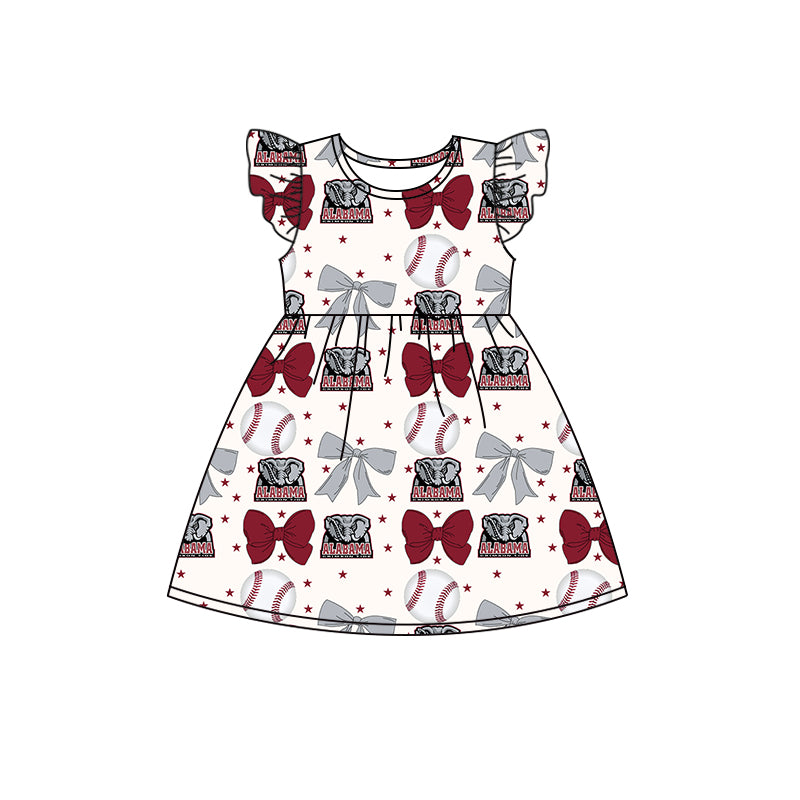 Preorder (moq 5)Baby Girls Flutter Sleeves Baseballs Bows Alabama Team Knee Length Dresses