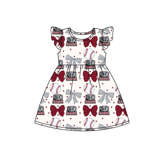 Preorder (moq 5)Baby Girls Flutter Sleeves Baseballs Bows Alabama Team Knee Length Dresses