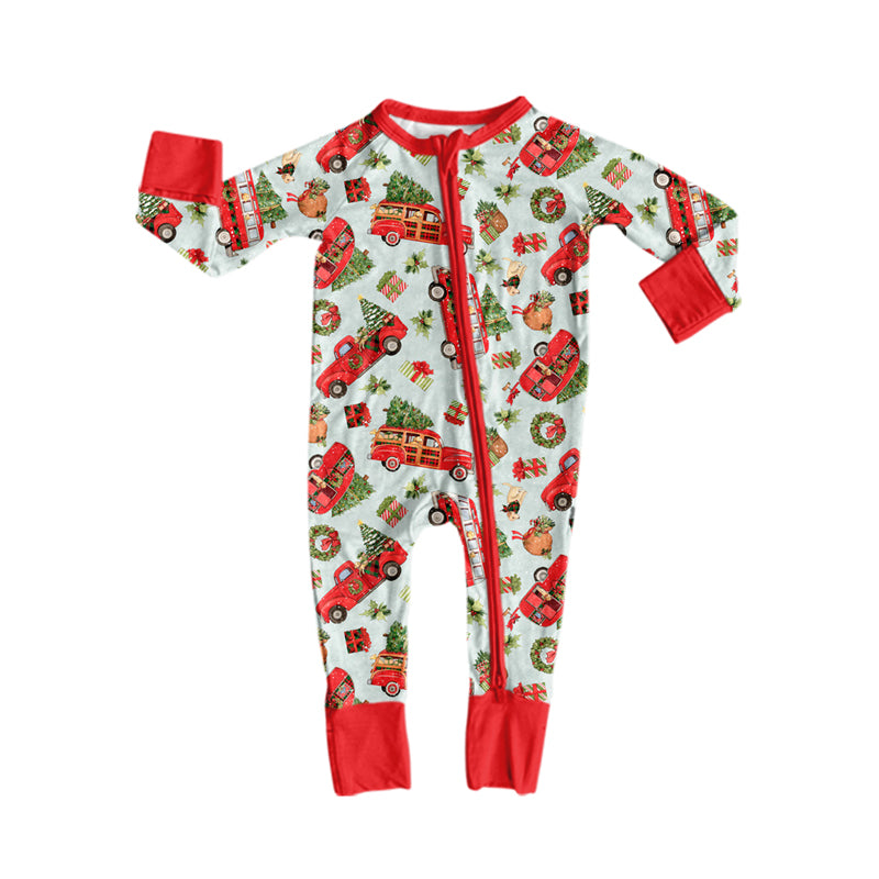 Preorder (moq 5) Baby Boys Trees Holly Bus Christmas Two Way Zip Convertible Rompers