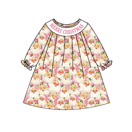 Preorder (moq 5)Baby Girls Long Ruffle Sleeves Pink Merry Christmas Santa Knee Length Dress