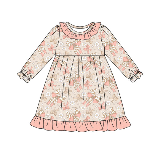 Preorder (moq 5)Baby Girls Peach Camo Bows Flowers Ruffle Knee Length Dresses