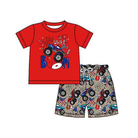Preorder moq 5 Baby Boys Red Short Sleeves Stars Firework Top Pockets Shorts 4th Of July Set