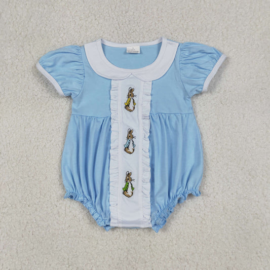 Embroidery Rabbits Baby Girls Easter Collar Ruffle Rompers