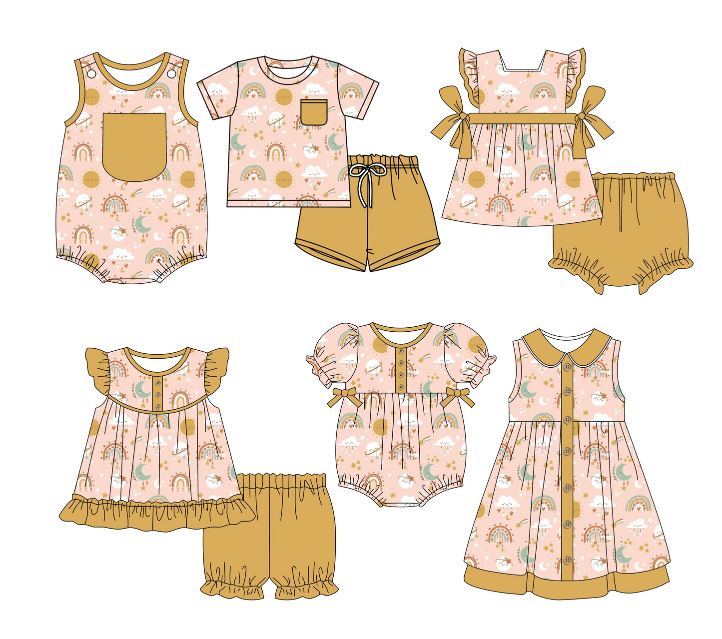 Preorder moq 5 Custom Baby Kids Khaki Pocket Button Suns Rainbows Top Short Bummies Sets Dresses And Rompers