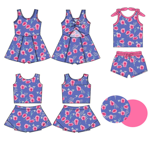 Preorder moq 5 Custom Baby Girls Purple Sleeveless Pink Flowers Bows Top Skort Set Knee Length Dress Pockets Short Set