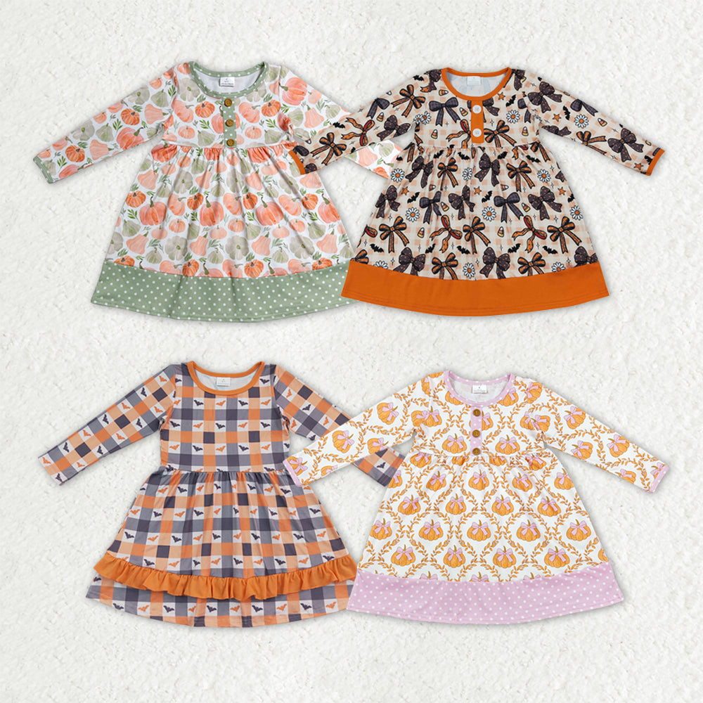 Sibling Baby Girls Bows Pumpkins Bats Flowers Halloween Fall Button Knee Length Dresses
