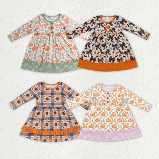 Sibling Baby Girls Bows Pumpkins Bats Flowers Halloween Fall Button Knee Length Dresses
