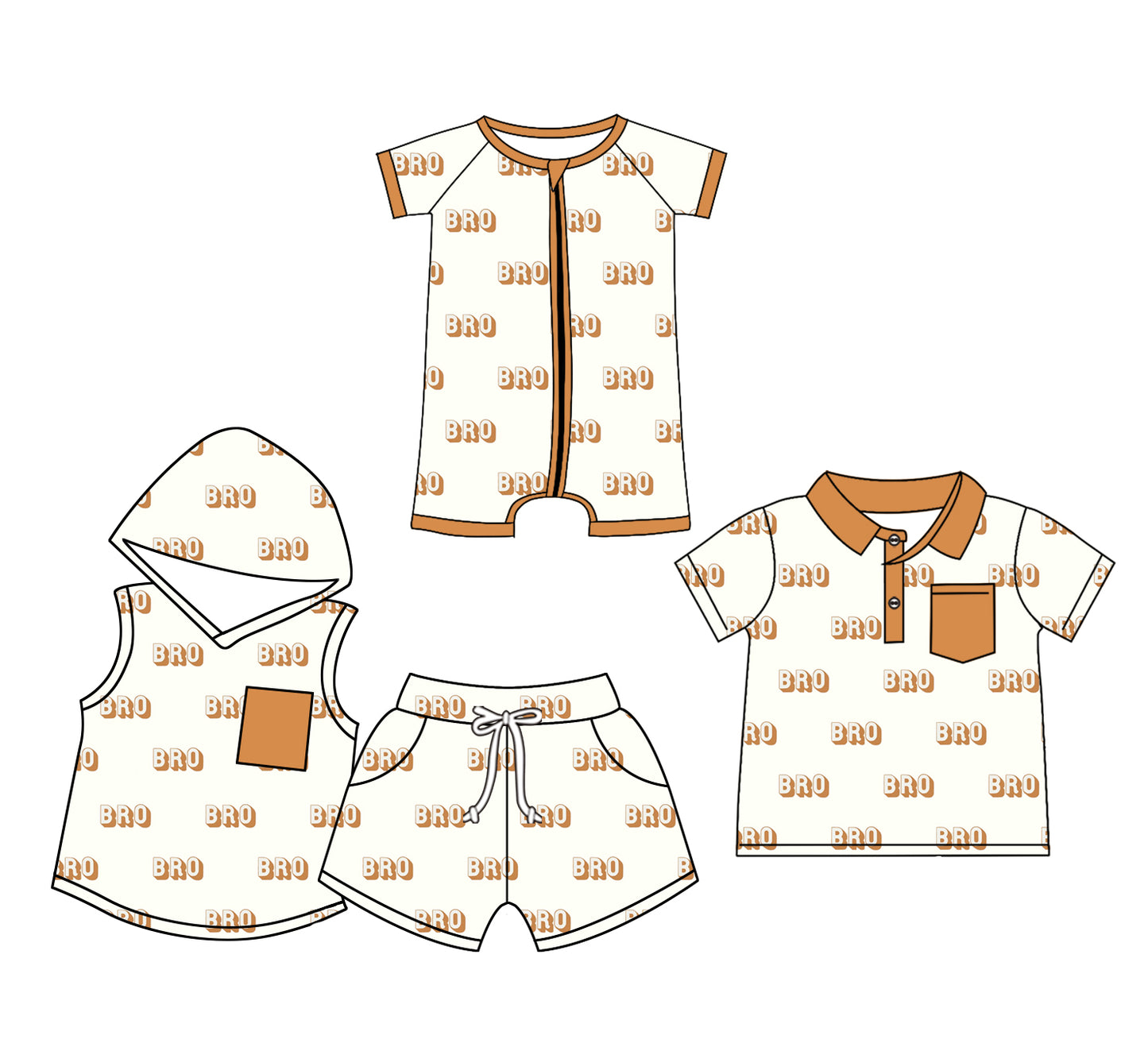 Preorder(moq 5 each)Sibling Baby Boys Bro Zip Romper Hooded Shirts Shorts Sets