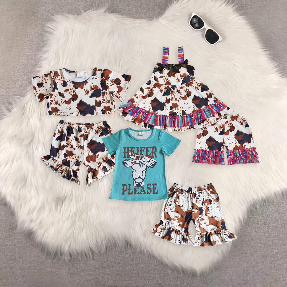 Sibling Baby Girls Cow Print Top Ruffle Shorts Clothes Set