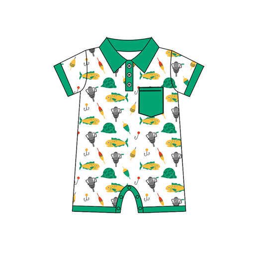 Preorder(moq 5)Baby Infant Boys Green Fishing Buttons Sleepers Rompers