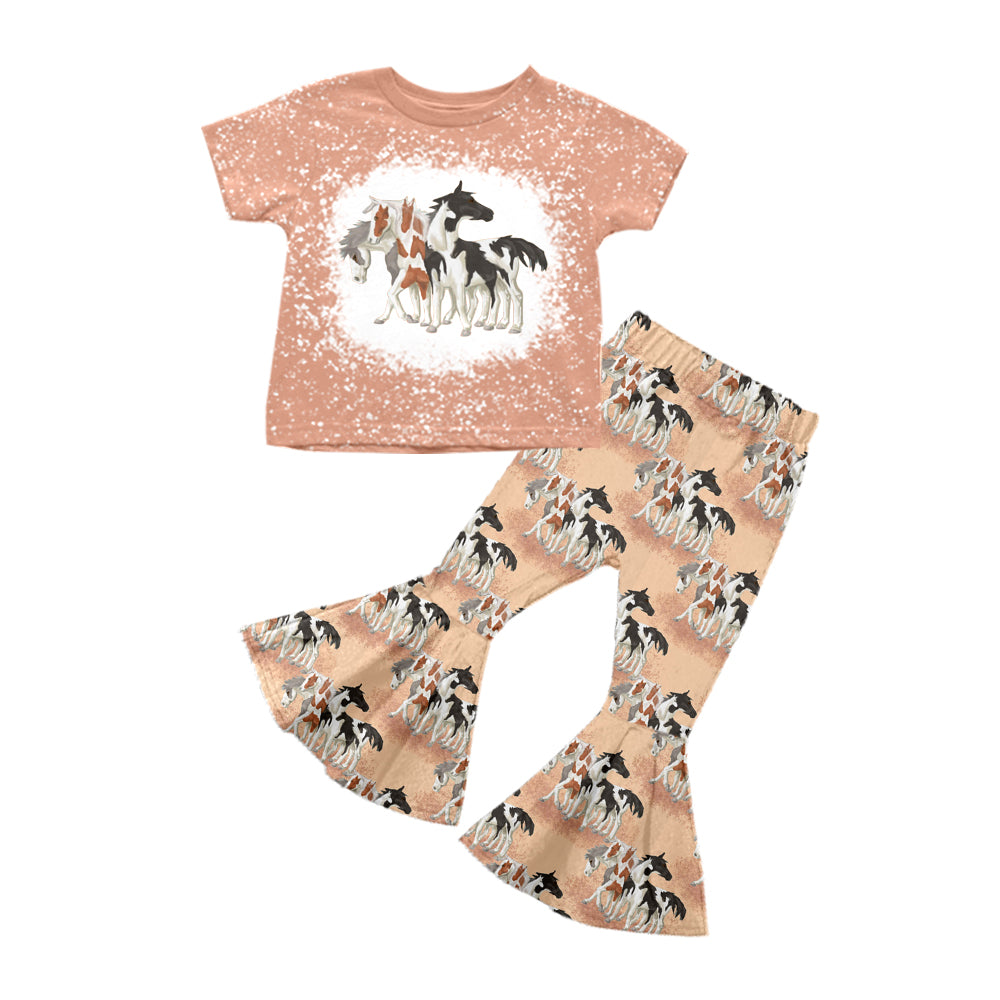 Baby Girls Western Horses Tee Top Bell Pants Clothes Sets preorder(MOQ 5)