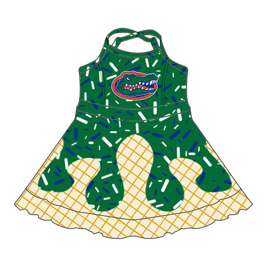 Preorder (moq 5)Baby Girls Drip Sprinkles Florida Gators Team Shorts Ruffle Knee Length Dress
